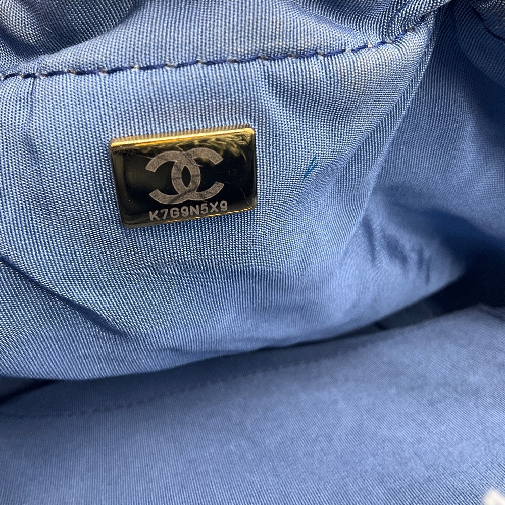 CHANEL 2022 BLUE MULTI QUILTED FRINGED LOGO PRINTED DENIM MOOD CHAIN MINI SHOULD - Picture 12 of 13